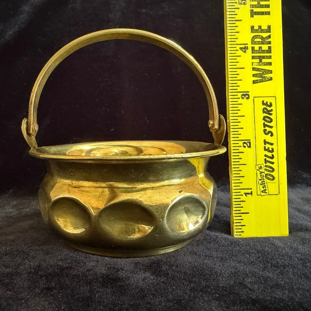 Vintage Omsons India Brass Basket Handle Dimpled Round Bowl 4